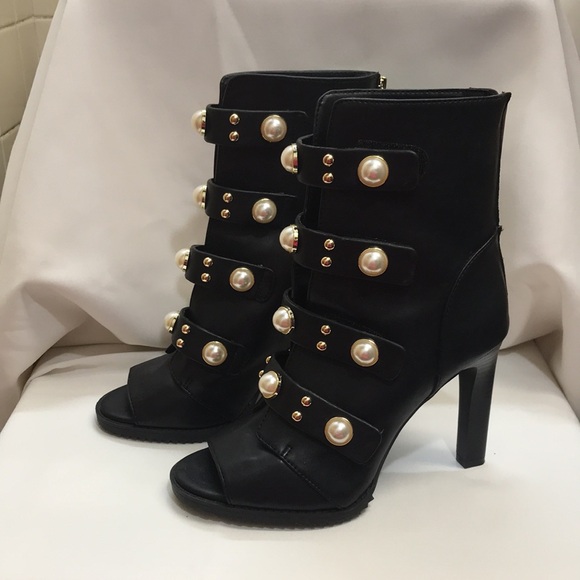 Karl Lagerfeld Brittie Embellished Pearls Women's 8M Peep Toe Black Booties - Picture 2 of 16